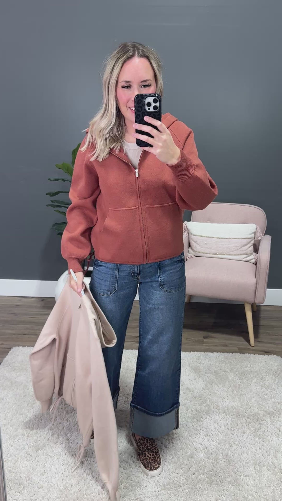 NEW! Brynn Drawstring Hem Zip Up Sweater Hoodie - Copper Staccato