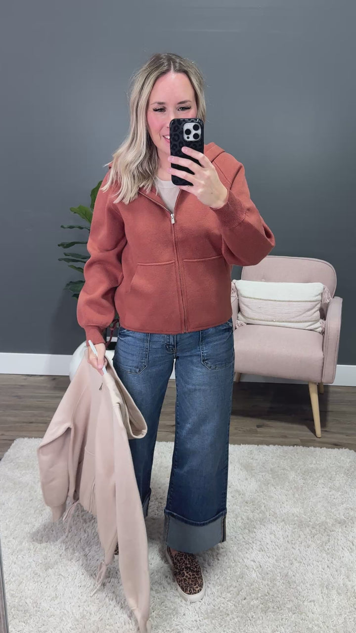NEW! Brynn Drawstring Hem Zip Up Sweater Hoodie - Copper Staccato