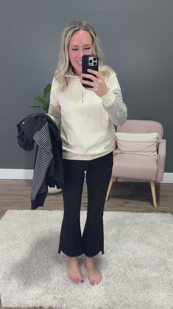 Lily Brushed Striped Sleeve Half Zip Pullover - Cream