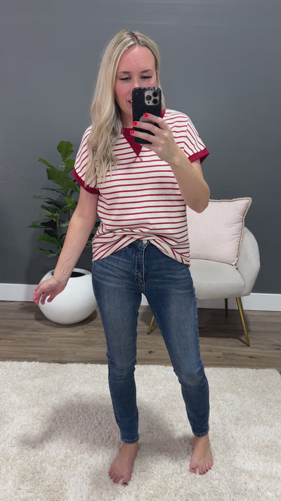 Abby Textured Striped Short Sleeve Top - Red