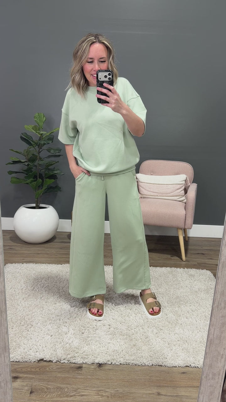 NEW! Kendall Scuba Fabric Wide Leg Pants - Pistachio Cream Rae Mode