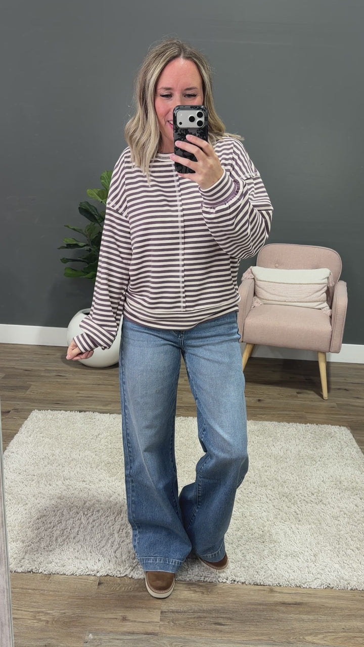 NEW! Kendra Striped Brushed Top - Eggplant Staccato