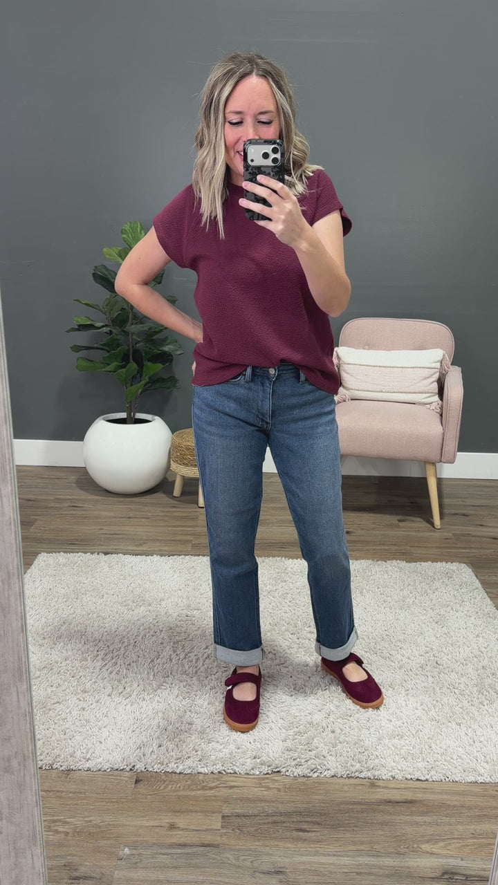 NEW! Justina Cloud Knit Short Sleeve Top - Wine