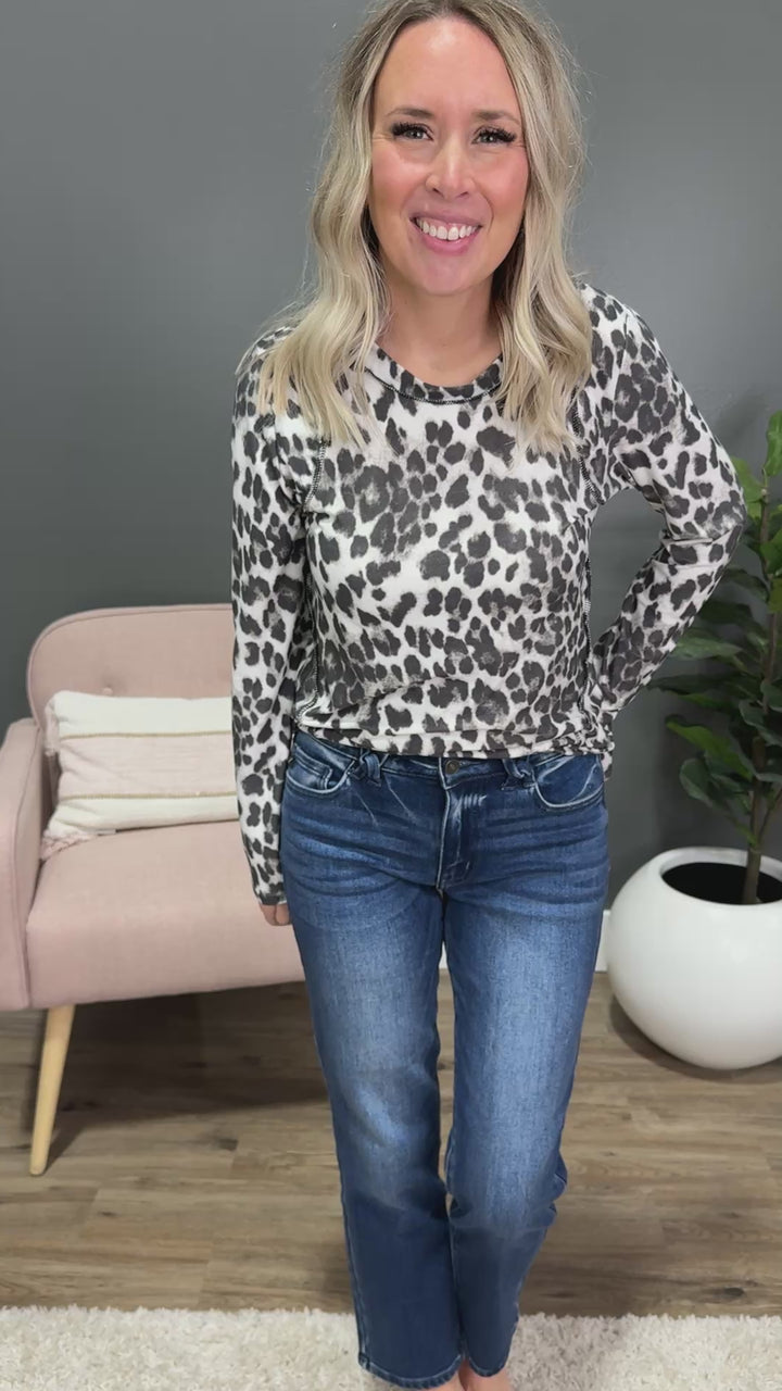 Raquel Long Sleeve Leopard Top - Ivory & Black