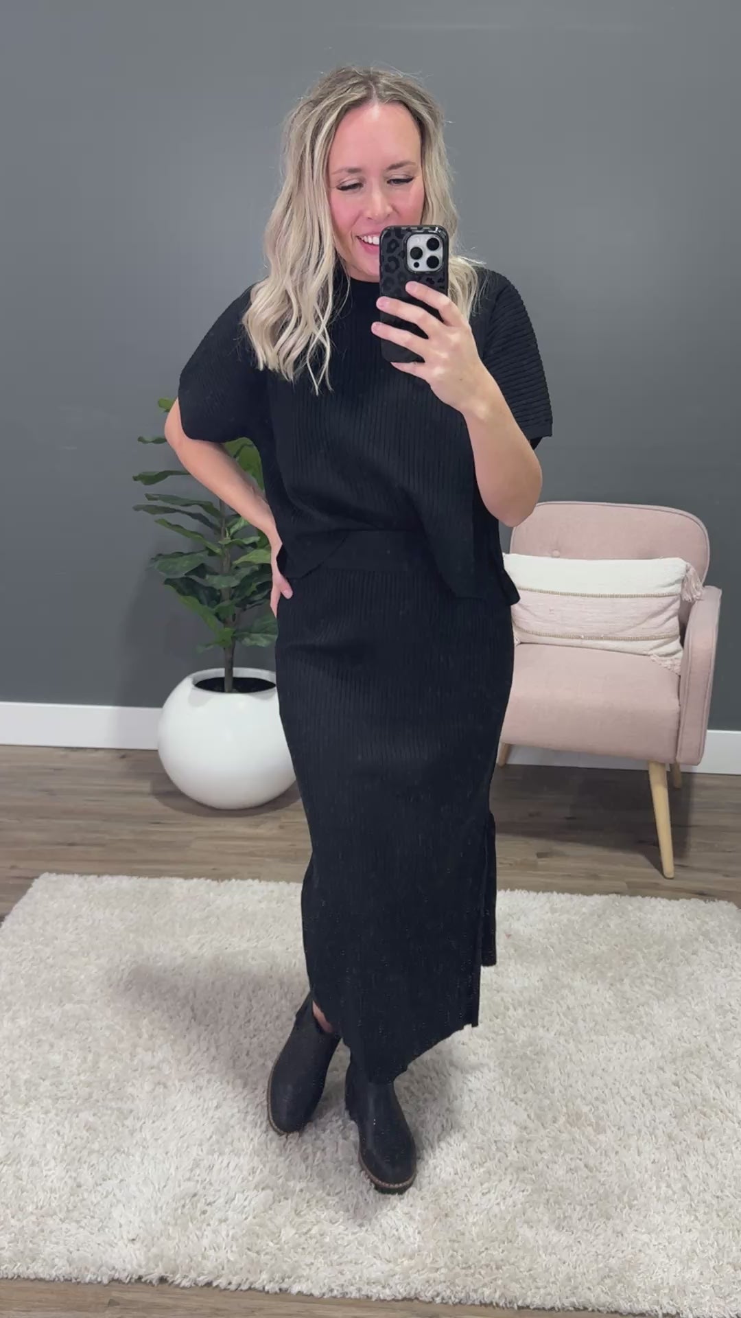 Renee Ribbed Sweater and Skirt Set - Black