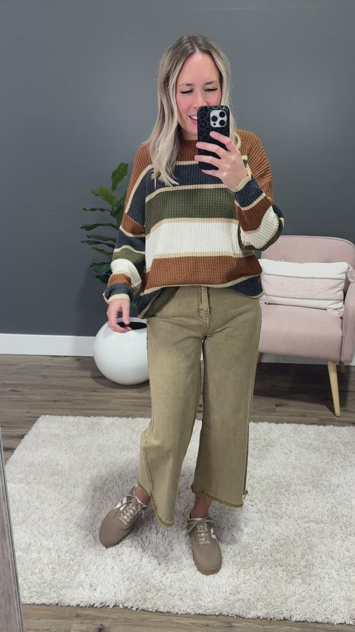 NEW! Autumn Dreams Striped Sweater - Camel and Olive
