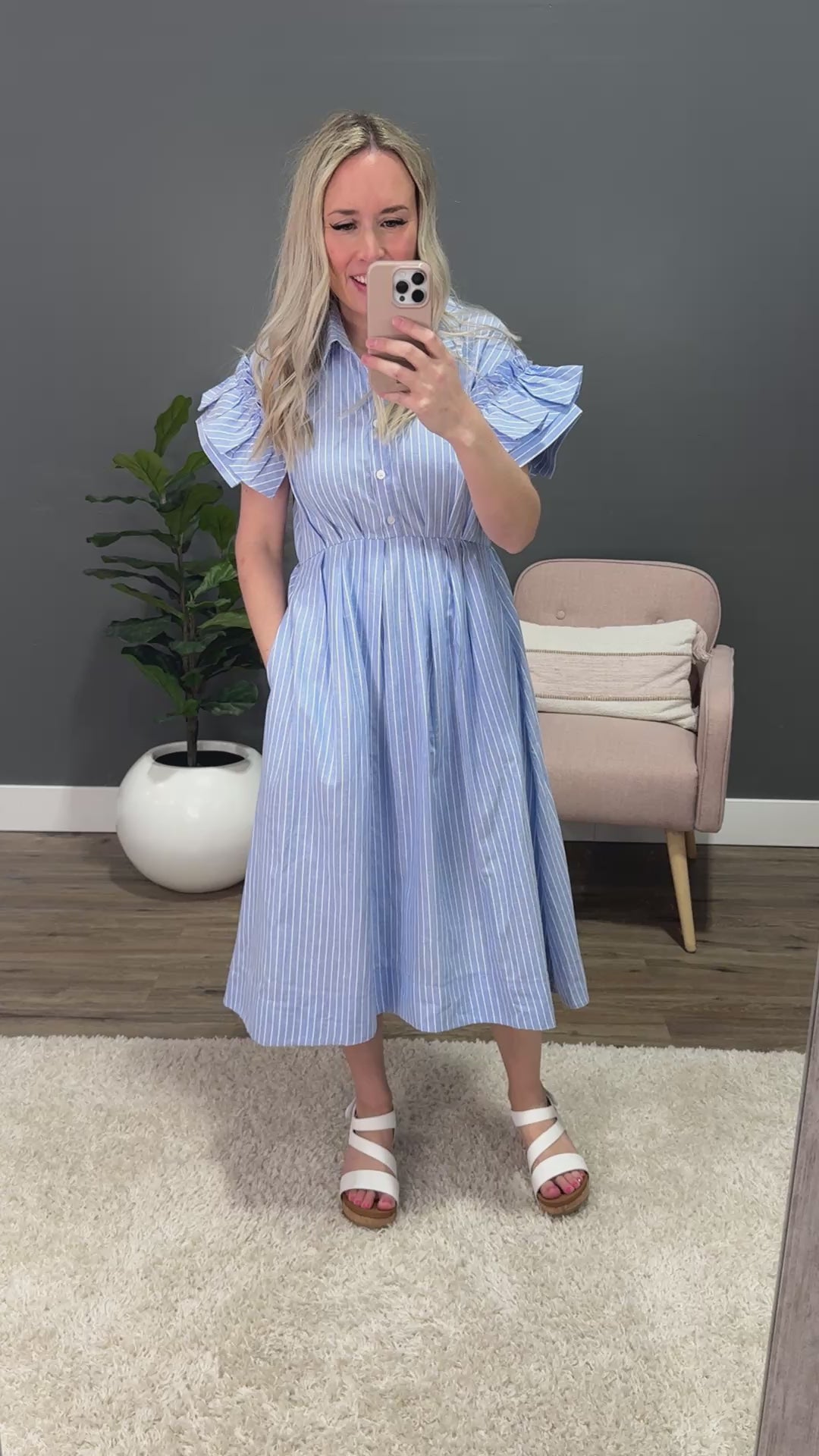 Carmine Striped Ruffle Sleeve Midi Dress - Blue Heyson