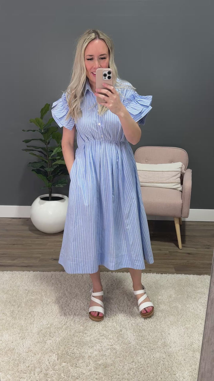 Carmine Striped Ruffle Sleeve Midi Dress - Blue Heyson