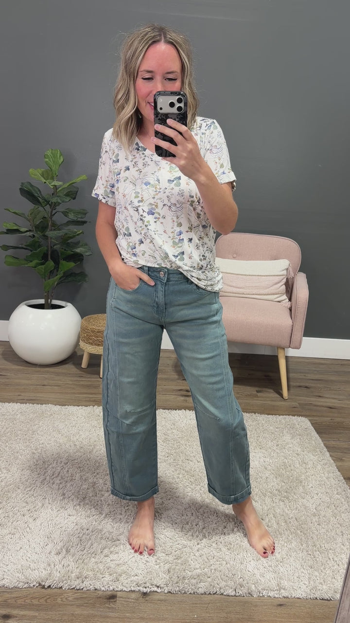 NEW! Alexandra Non Distressed Barrel Jeans - Teal