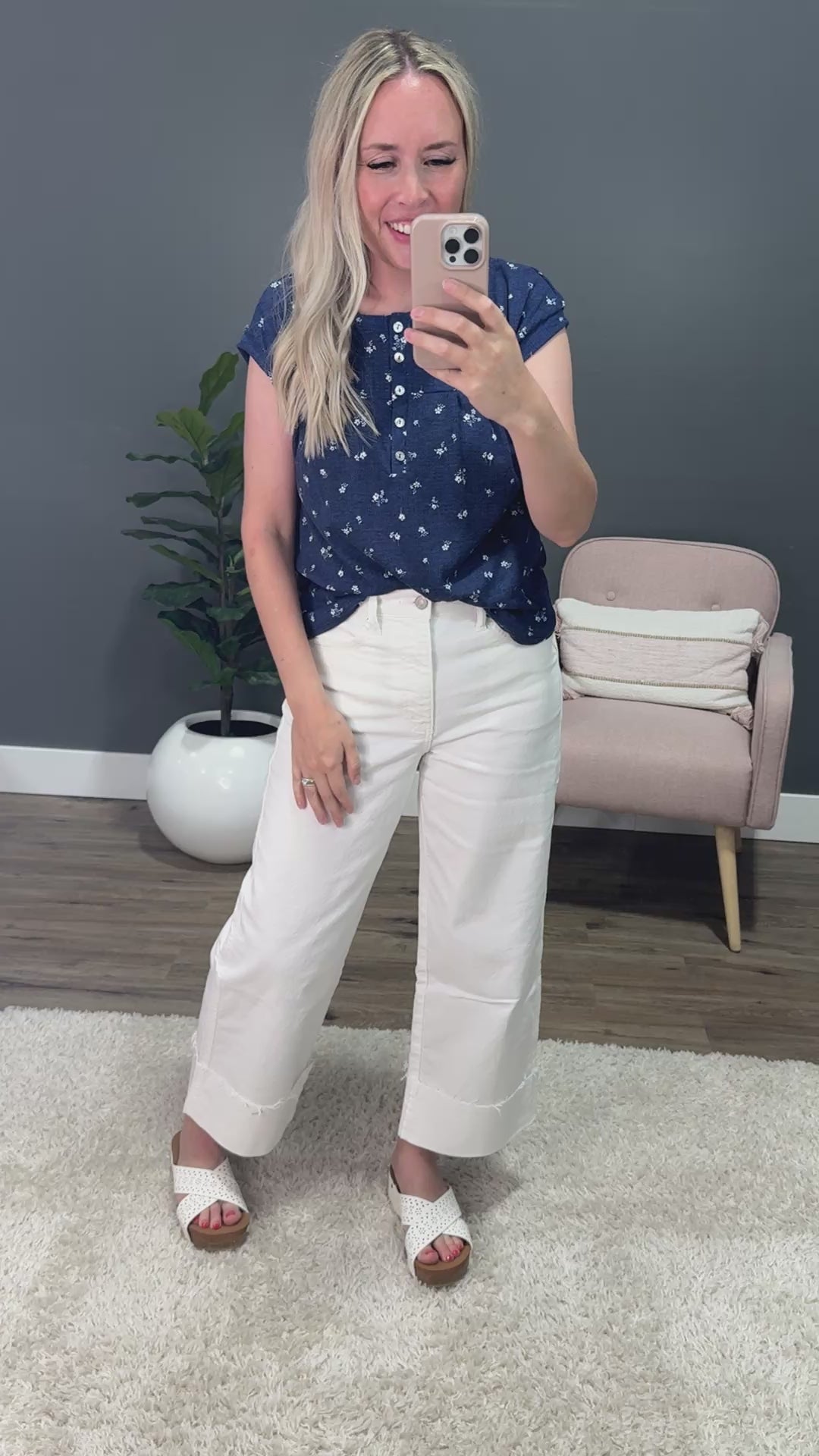 Amanda Floral Pleated Henley Top - Navy PS Kate