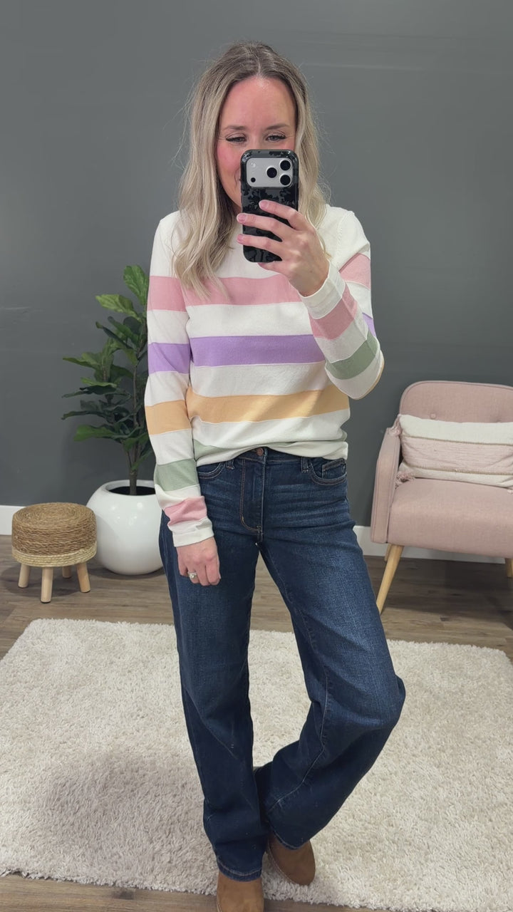 Kelsey Multi Color Striped Fine Knit Sweater - Pink & Lavender Staccato