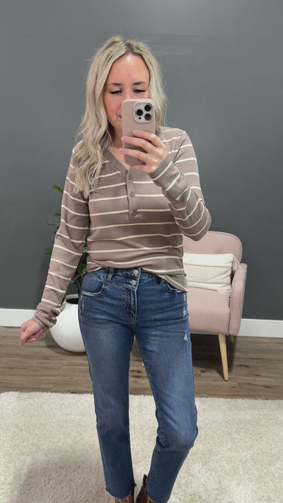 NEW! Dylan Striped Henley Top - Tan & Cream