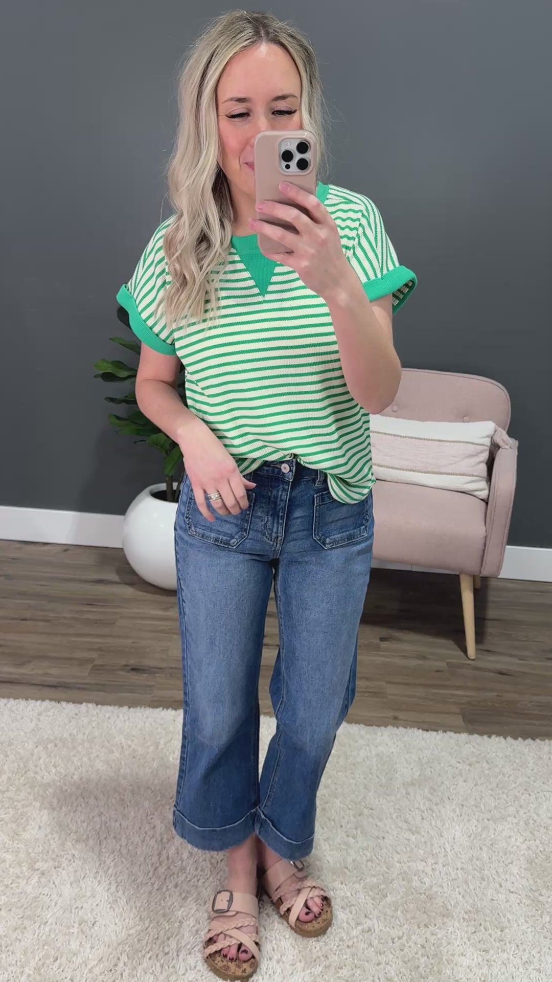 NEW! Justine Striped Thermal Knit Top - Green Staccato