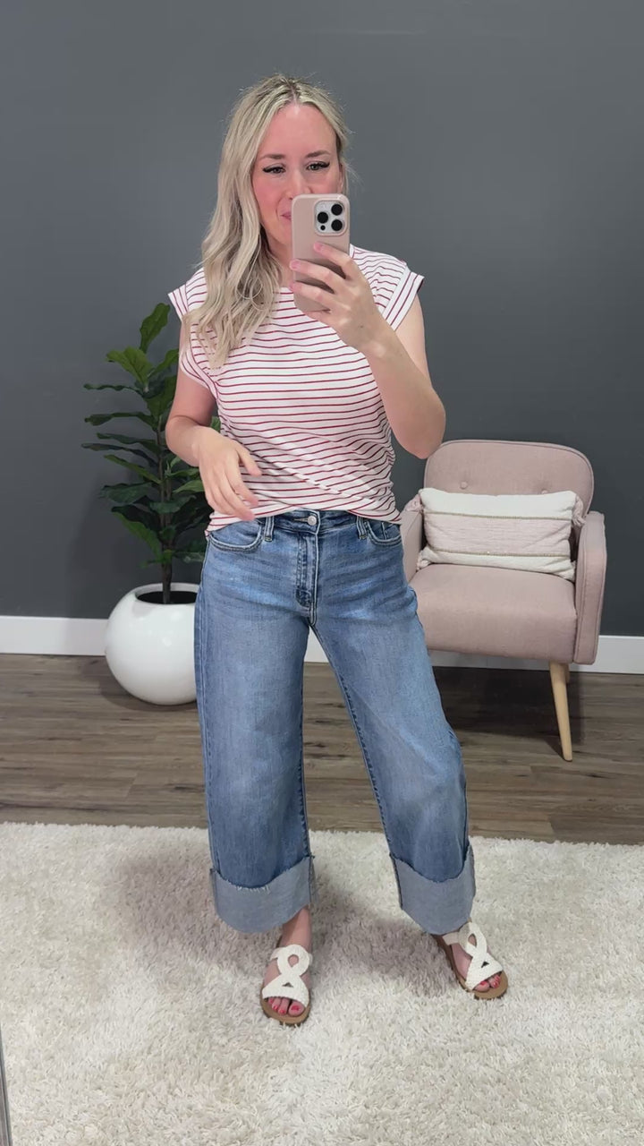 Noelle Striped Cap Sleeve Top - Ivory & Red Staccato