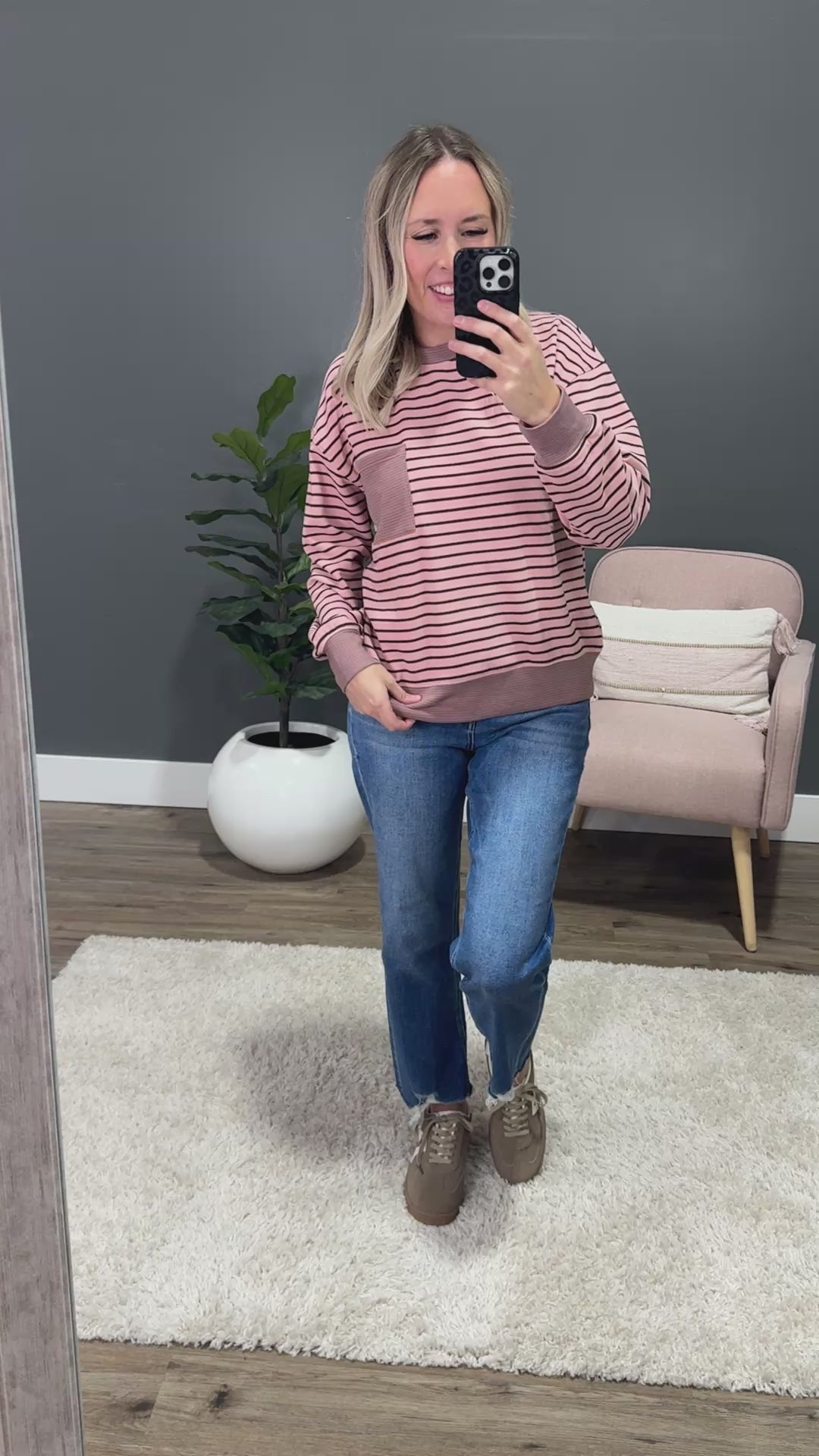 NEW! Trina Brushed Contrast Striped Pocket Top - Pink