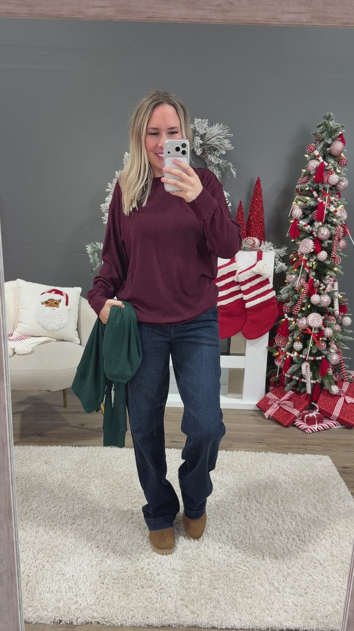 NEW! Mia Ribbed Crewneck Top - Forest Green