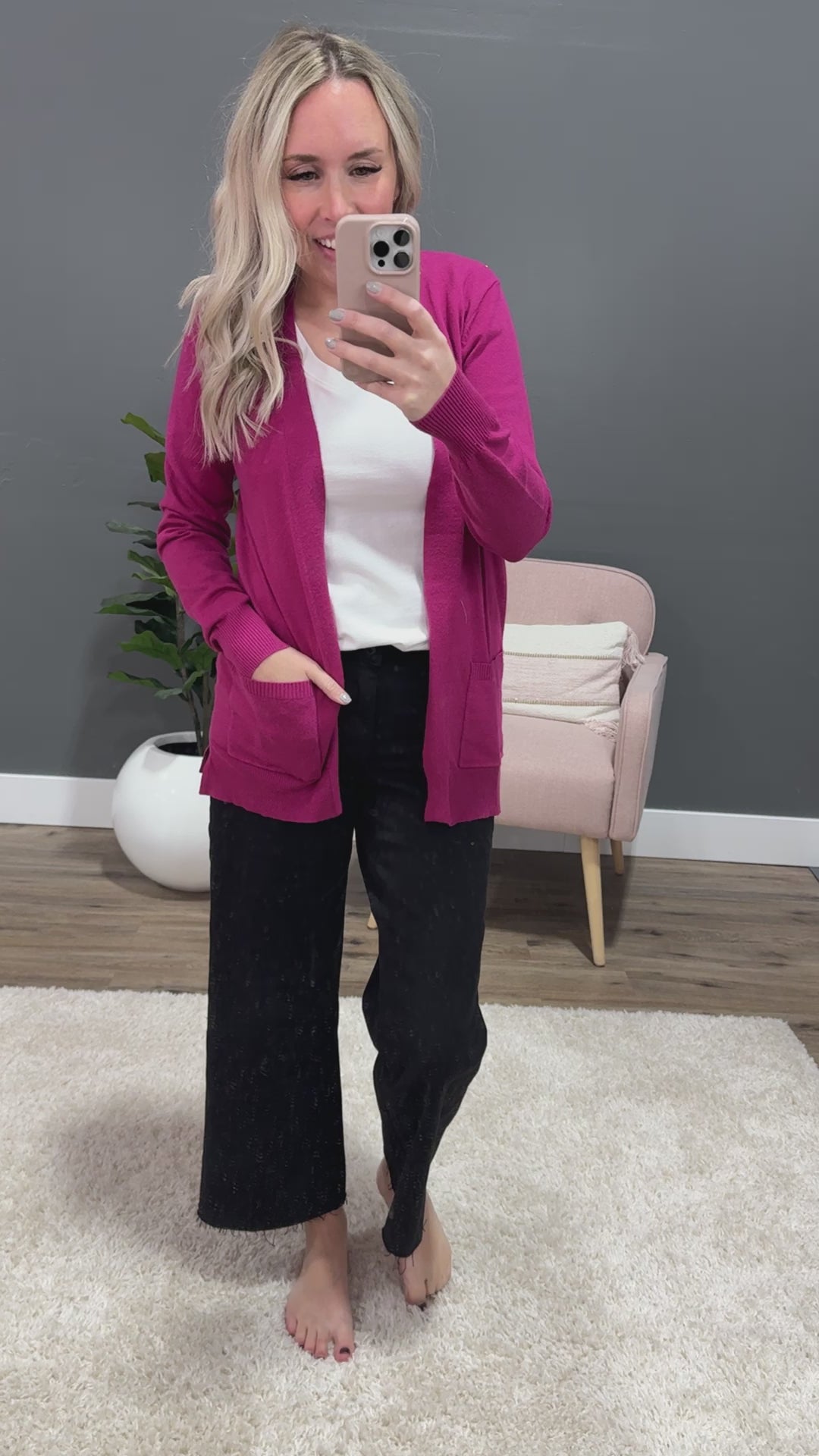 Gloria Fine Knit Open Front Cardigan - Magenta Staccato