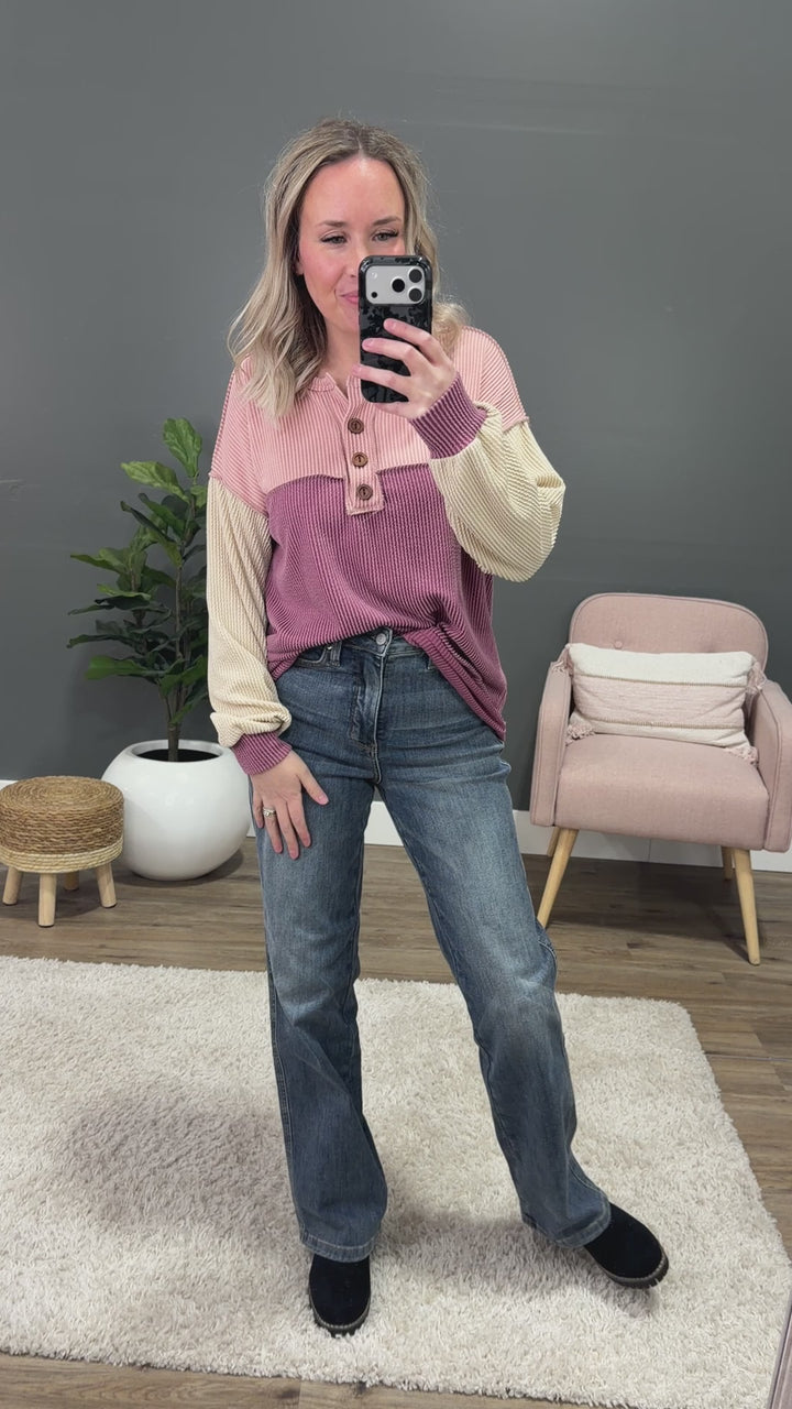 NEW! Andrea Corded Color Block Henley Top - Marsala