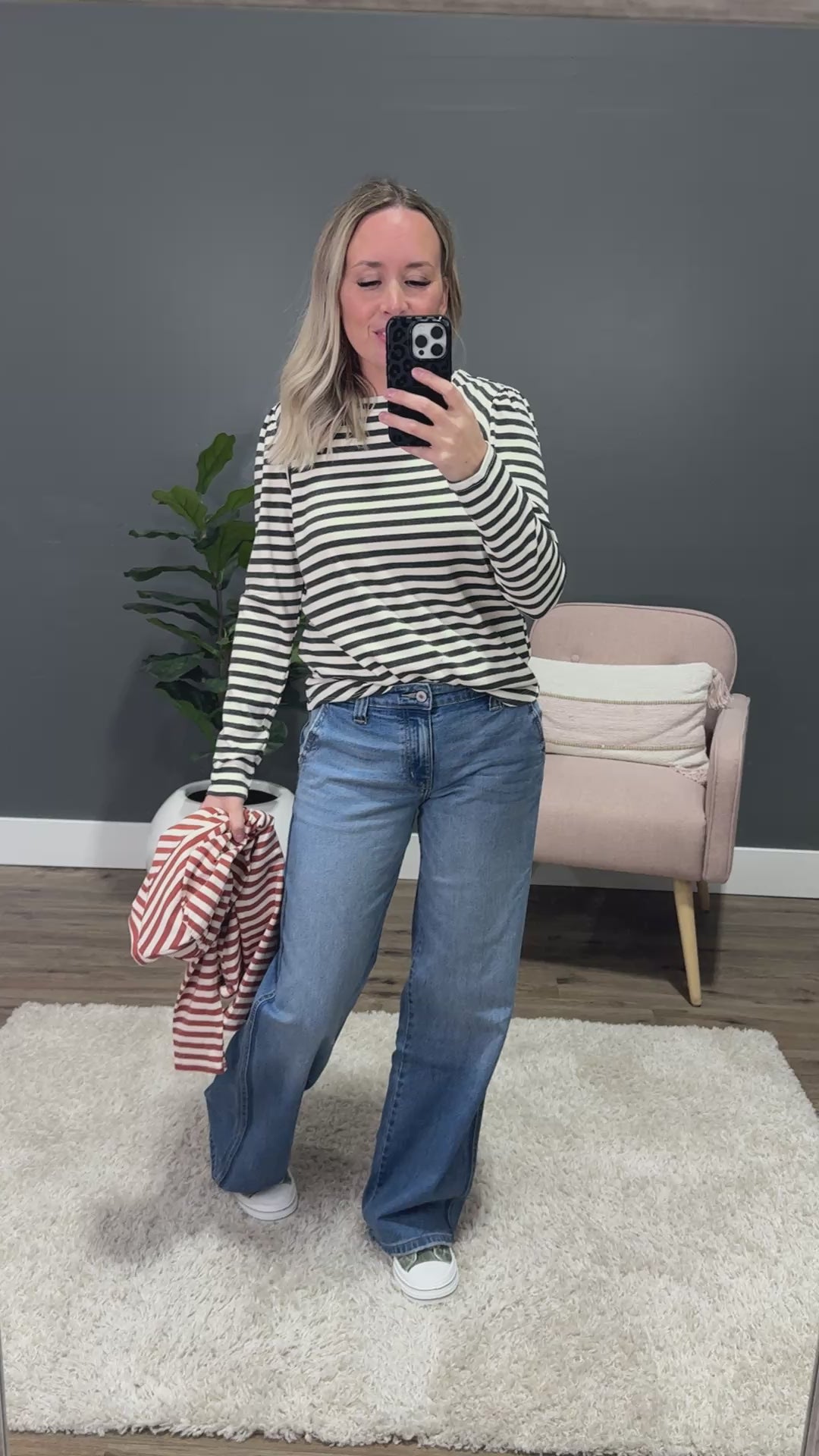 NEW! Alexa Striped Pleated Shoulder Top - Rust Staccato