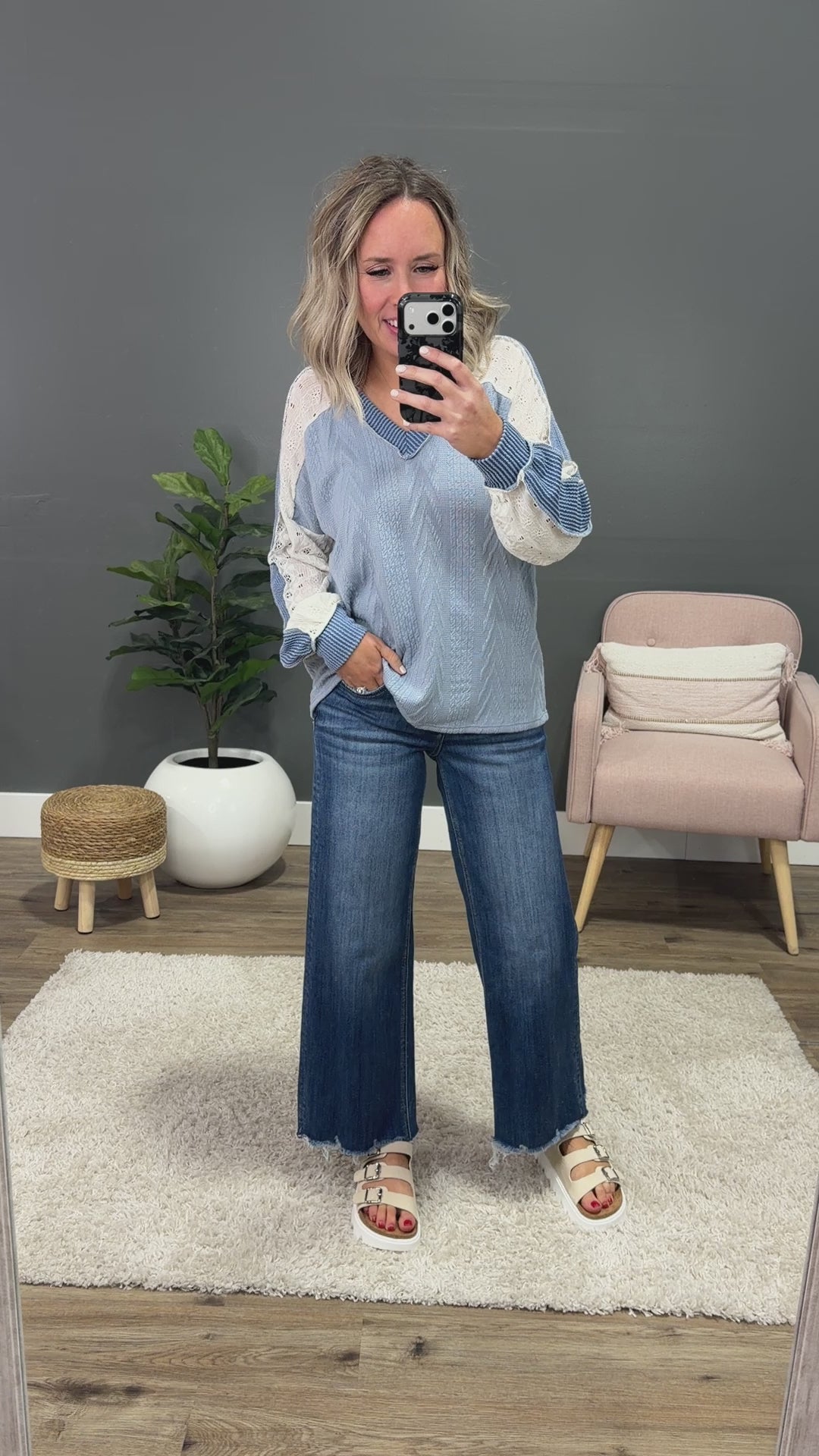 NEW! Angelique Mixed Fabric V Neck Top - Blue