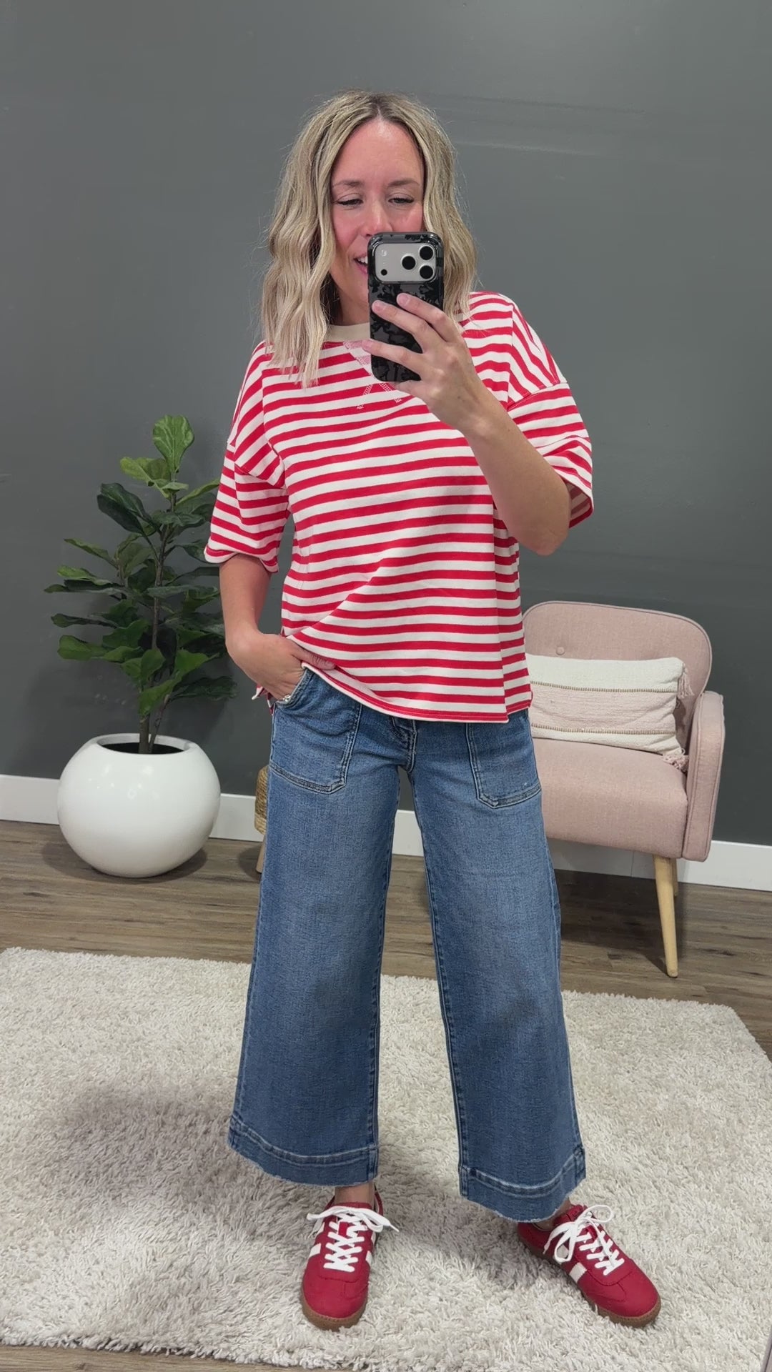 NEW! Hazel Contrast Striped Top - Red & Taupe