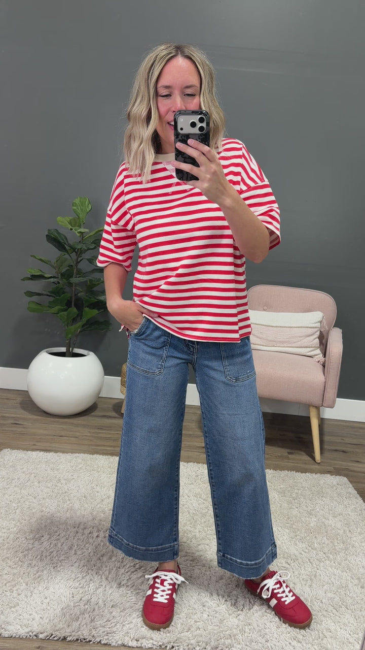 NEW! Hazel Contrast Striped Top - Red & Taupe