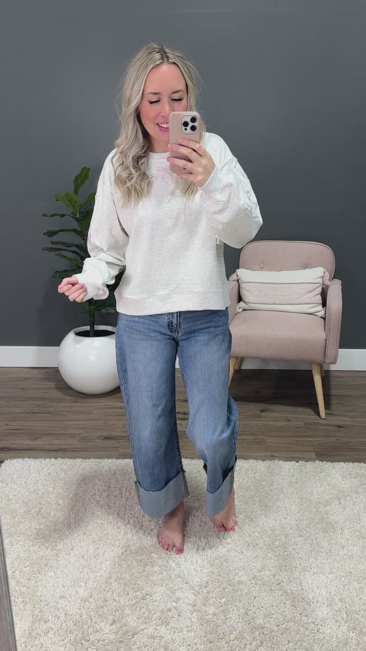 Heather Gray Sweatshirt with Pink Embroidered Ribbons Main Strip