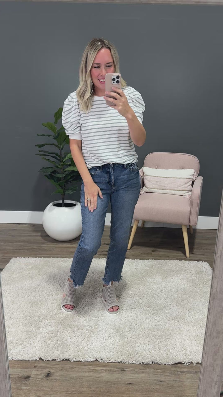 NEW! Hillary Striped Puff Sleeve Top - Heather Gray Lovely Melody