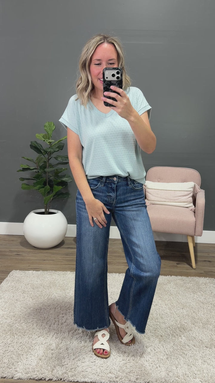 NEW! Winnie Pointelle V Neck Top - Light Aqua Staccato