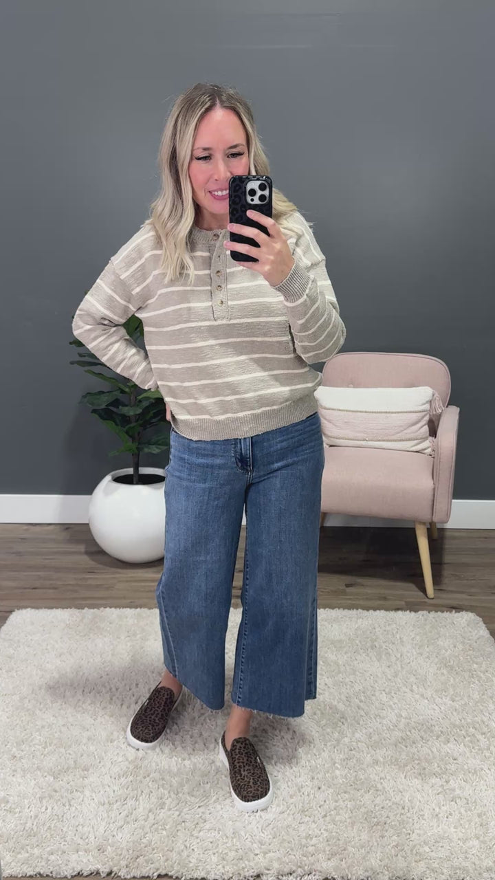 NEW! Leeann Striped Henley Sweater - Pebble Shirts & Tops Be Cool