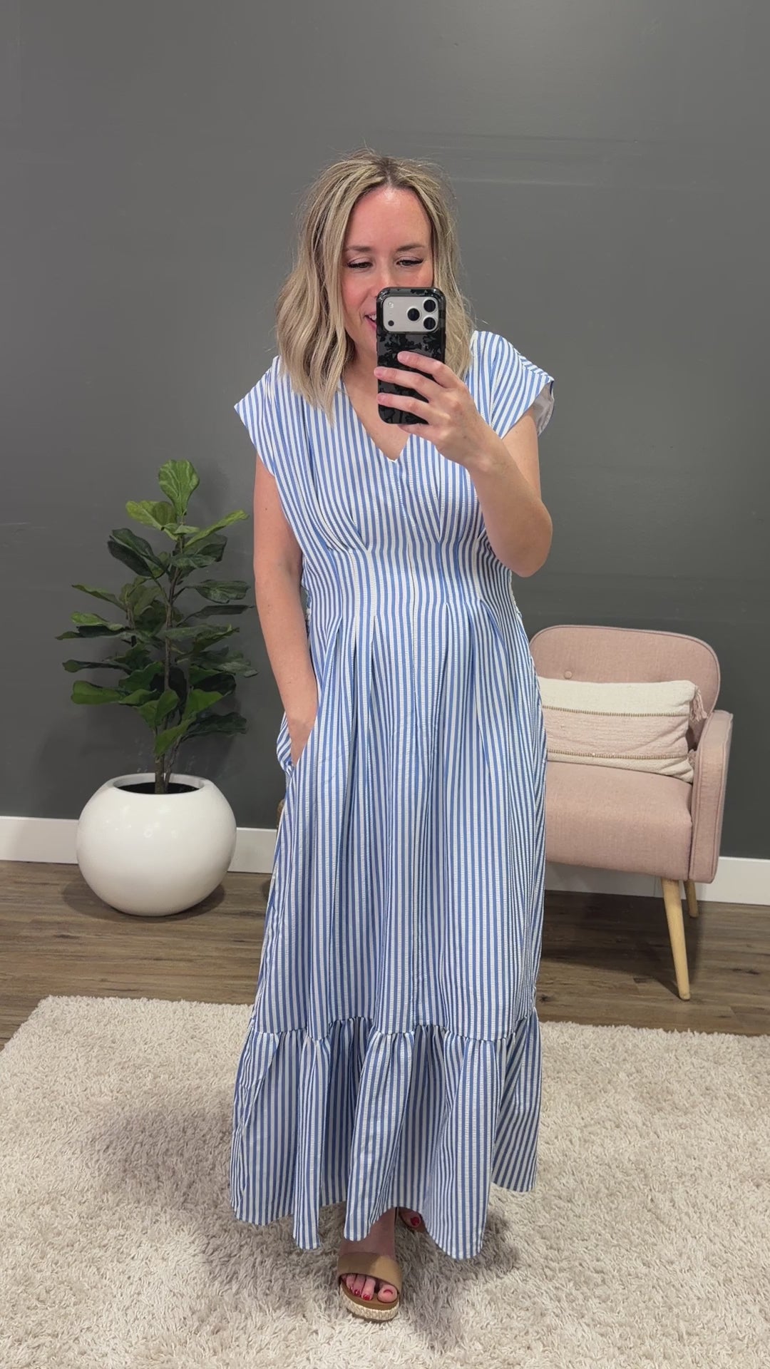 NEW! Trista Striped V Neck Maxi Dress - Blue Haptics