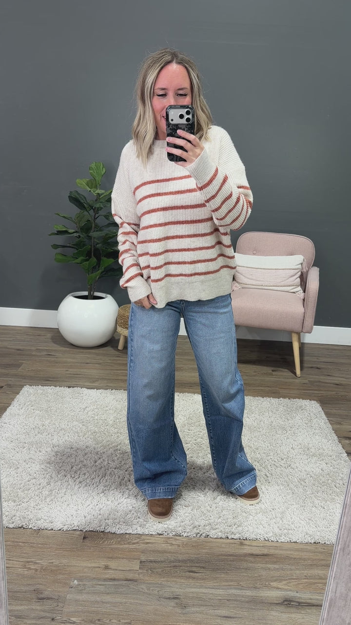 NEW! Desi Ribbed Striped Sweater - Oatmeal & Rust Staccato