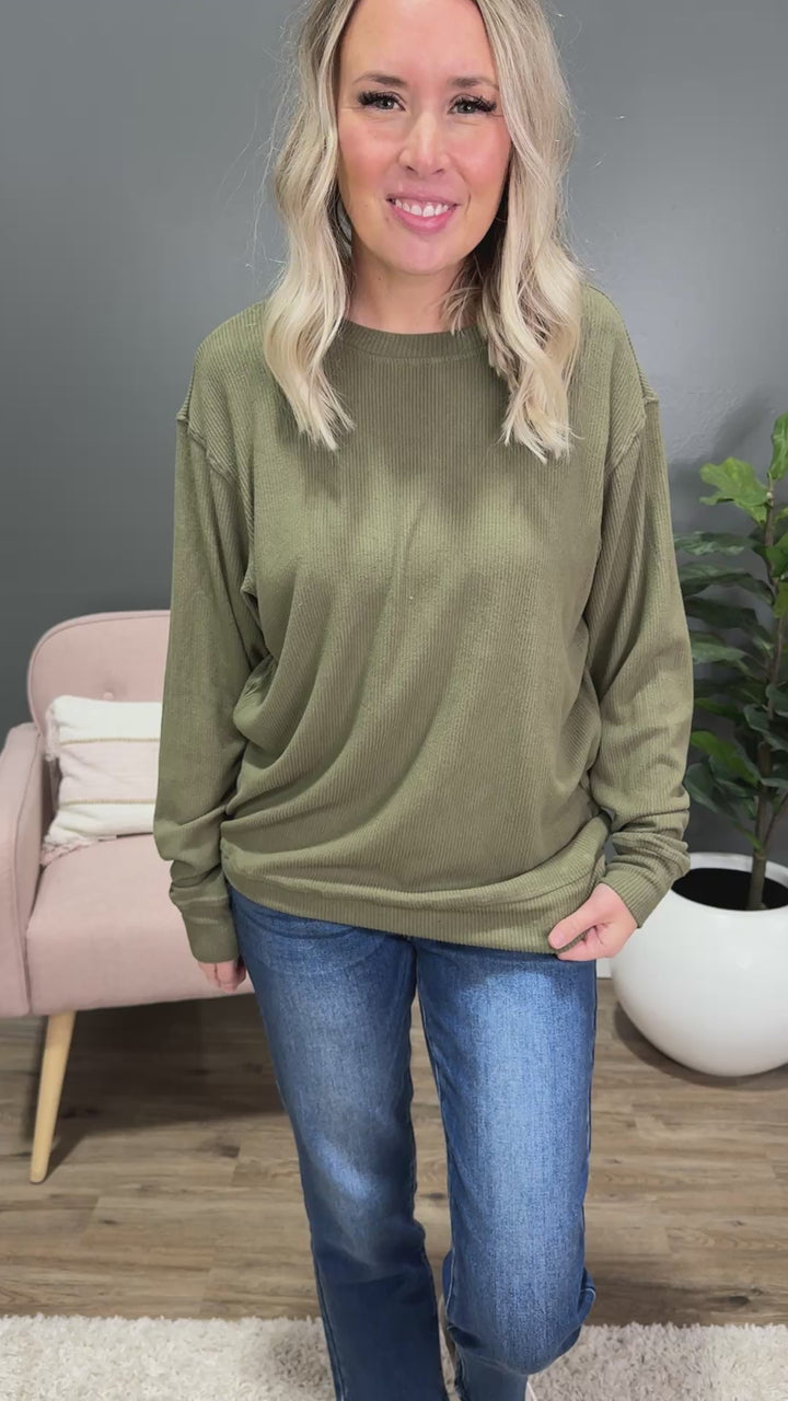 Mia Ribbed Crewneck Top - Olive