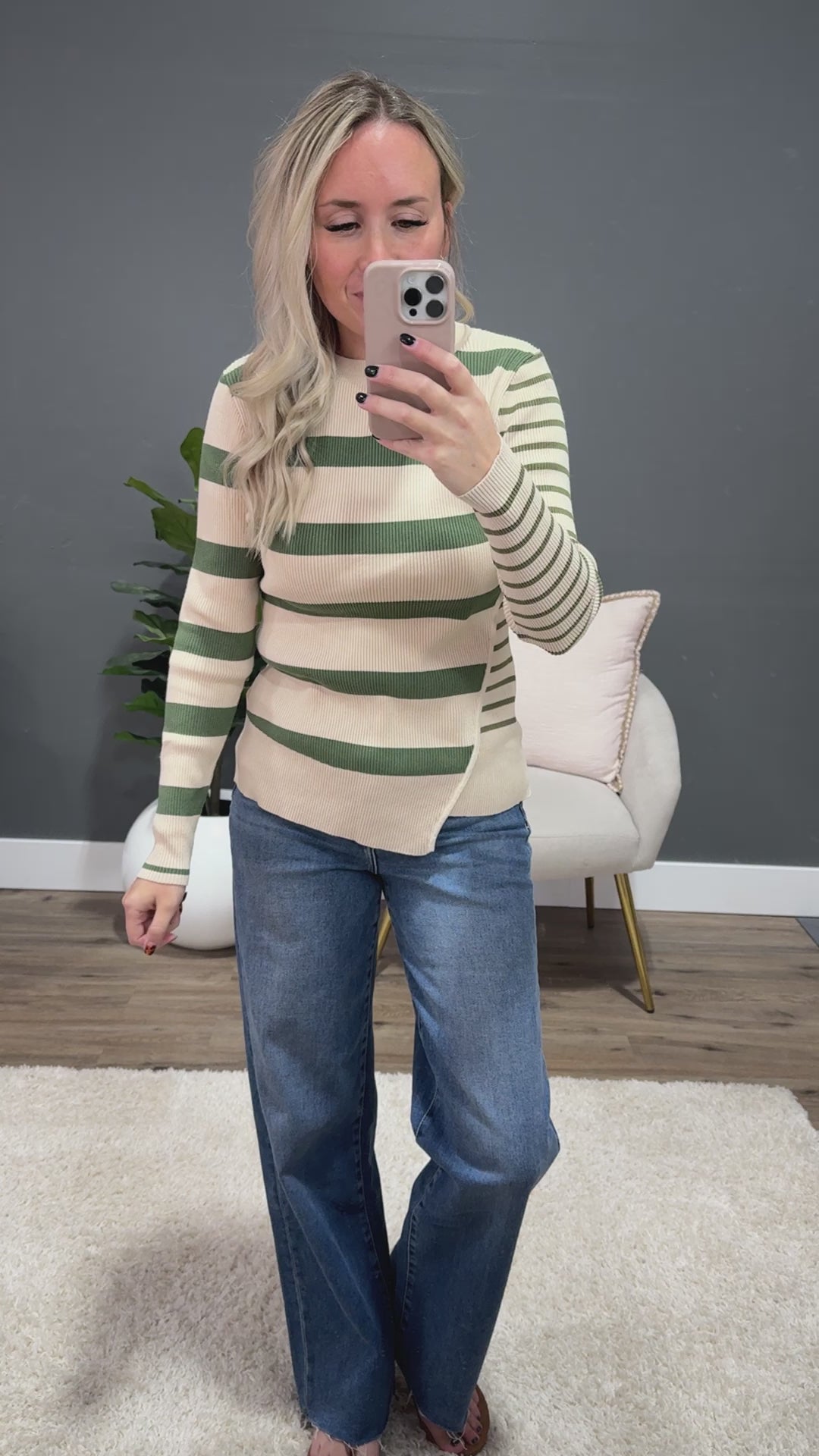 NEW! Kimberly Contrast Stripe Knit Top - Olive & Oatmeal