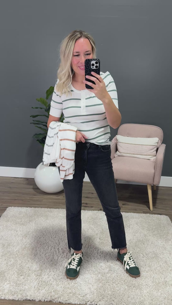 NEW! Carrie Ribbed Scoop Neck Striped Henley Top - Spruce