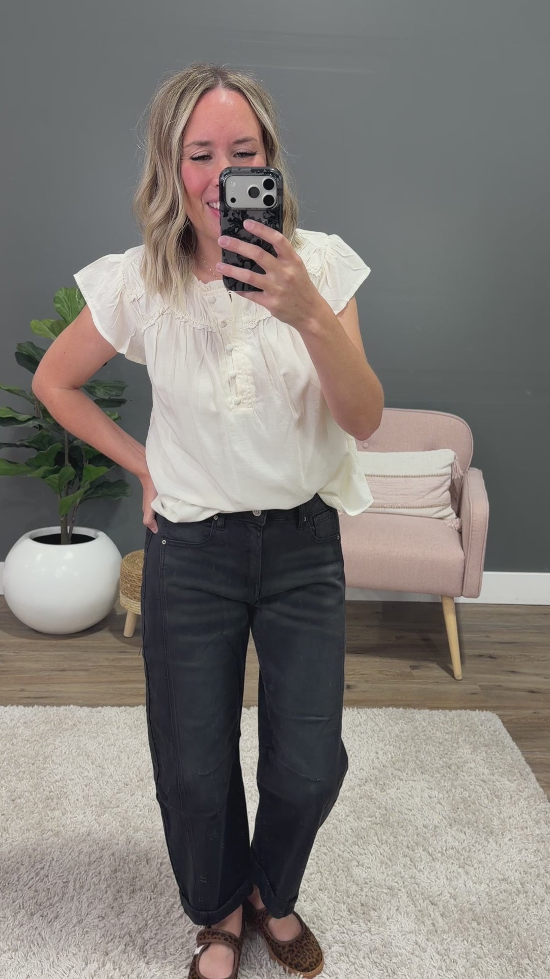 NEW! Raya Ruffled Henley Blouse - Ivory