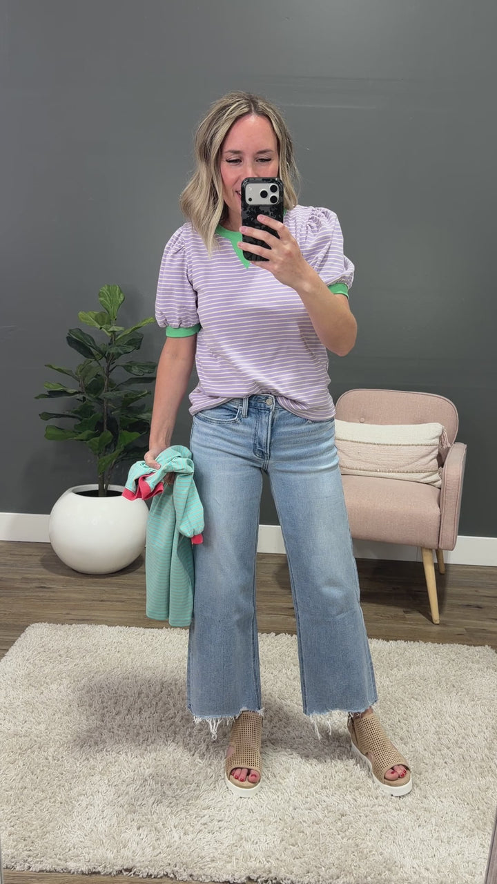 NEW! Becky Striped Puff Sleeve Top - Mint & Coral Staccato