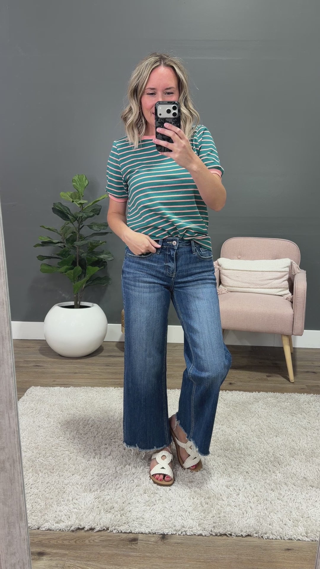 NEW! Shauna Contrast Striped Top - Dark Jade Staccato