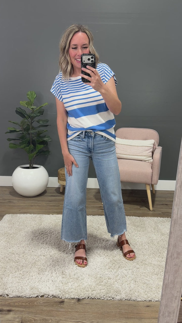 NEW! Delilah Striped Short Sleeve Sweater - Blue