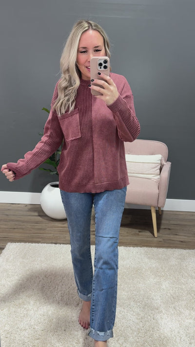 NEW! Tara Washed Pattern Block Sweater - Wine