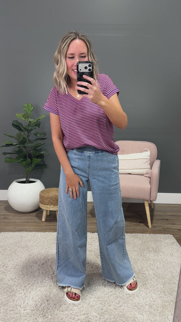 NEW! Nadia Striped V Neck Top - Orange & Royal Staccato