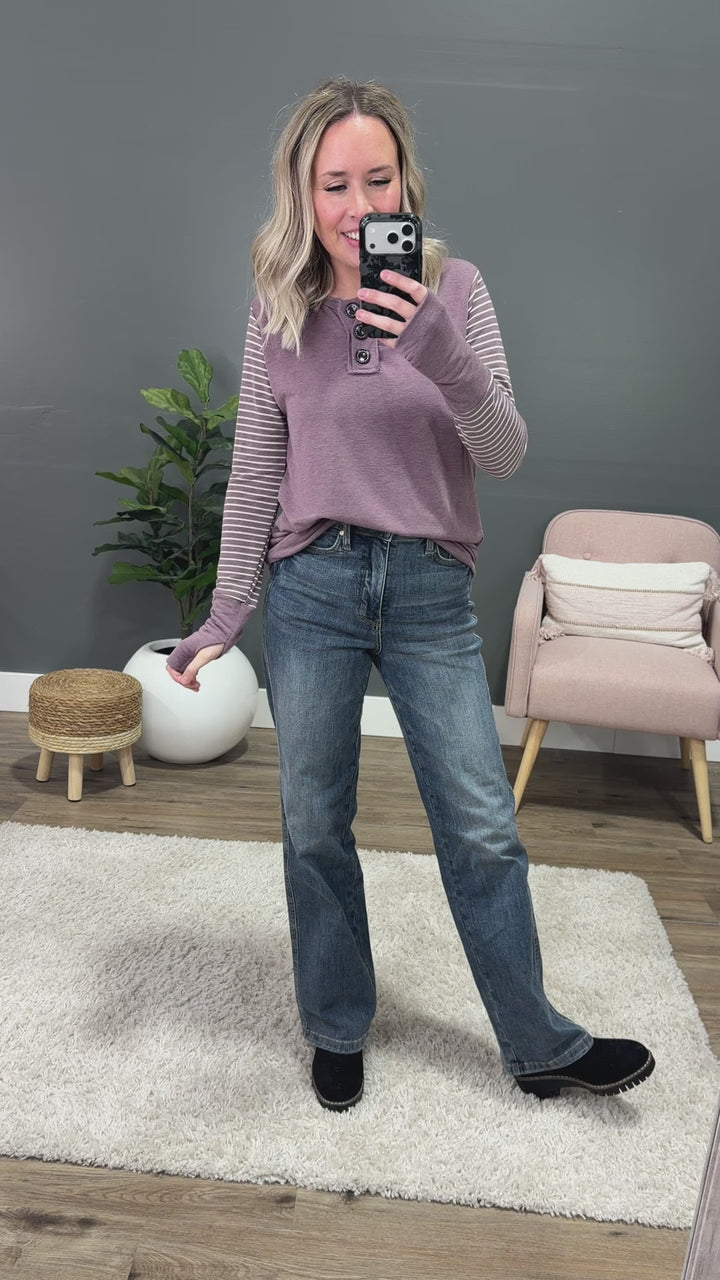 NEW! Eve Contrast Stripe Sleeve Henley Top - Vintage Mulberry