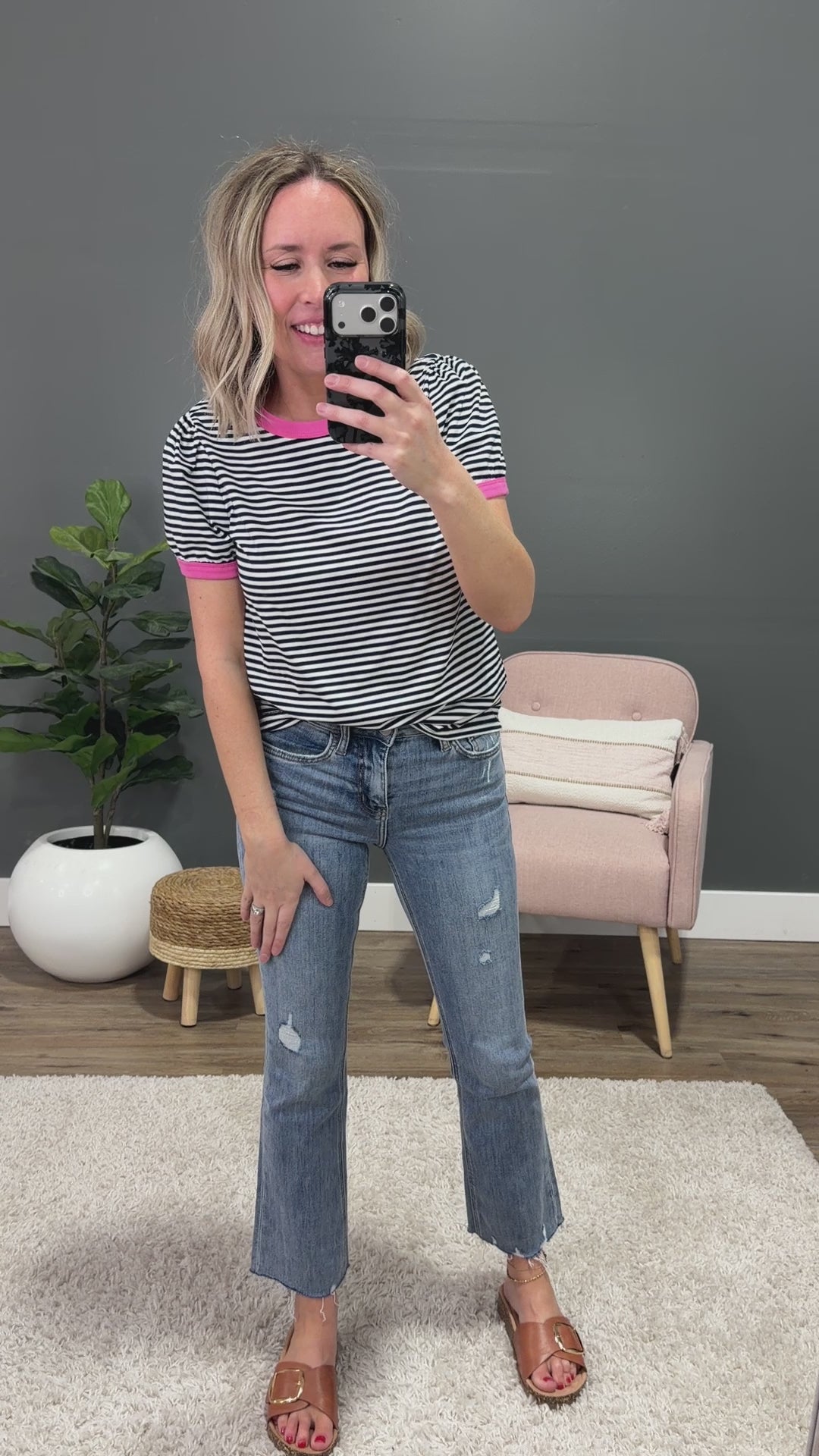 NEW! Mandy Puff Sleeve Striped Top - Navy & Pink Staccato