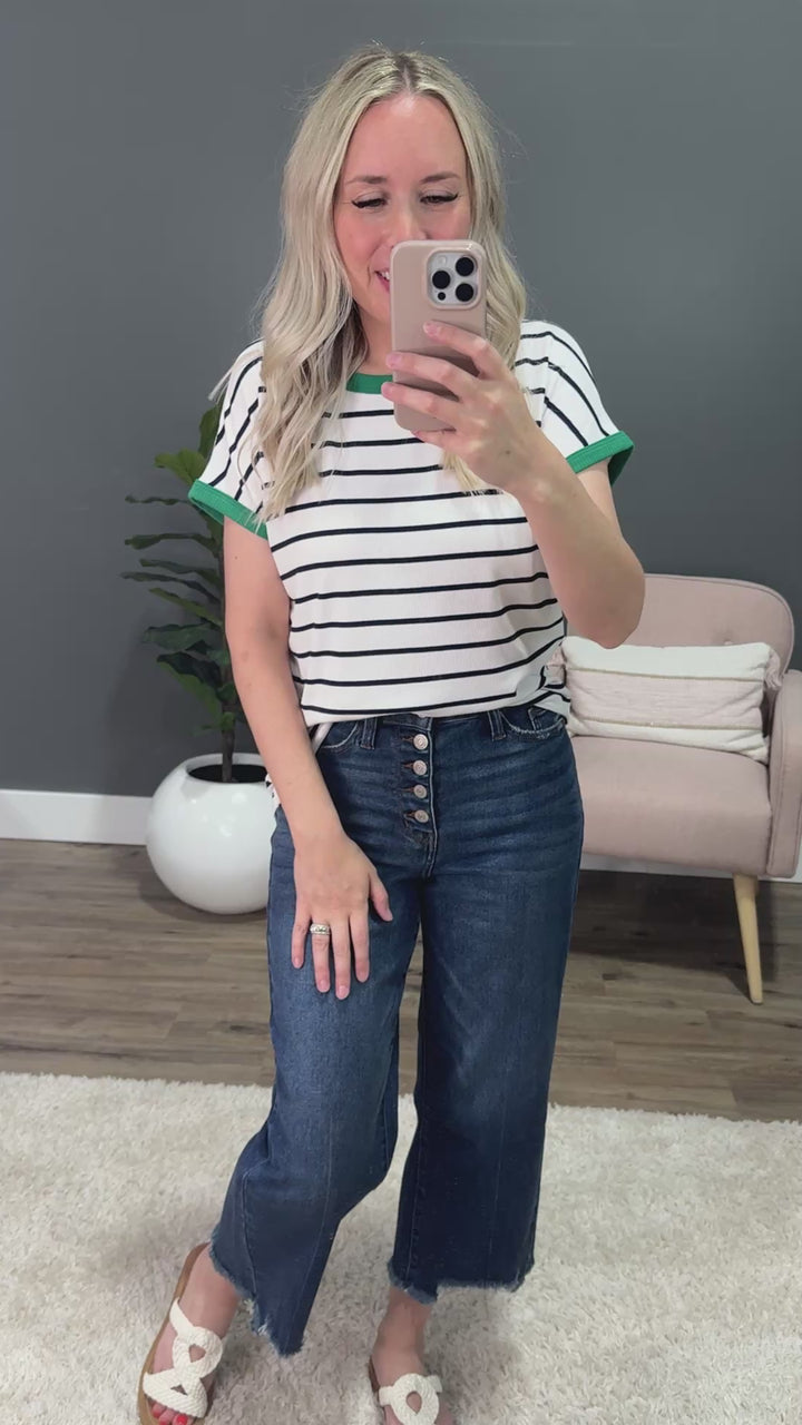 Juliet Striped Ribbed Top - Ivory & Green Staccato
