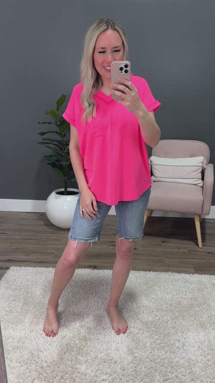 April V Neck Pocket Top - Neon Pink Heimish