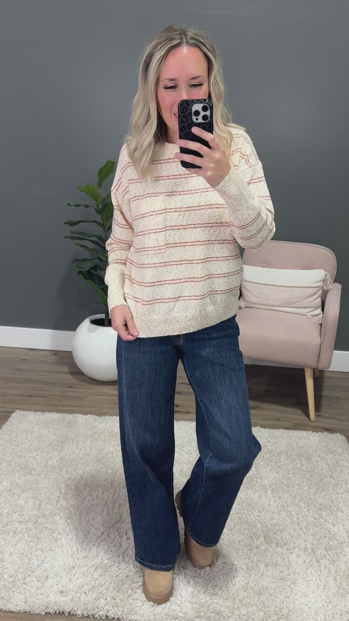 Paisley Rust Striped Pocket Sweater - Oatmeal