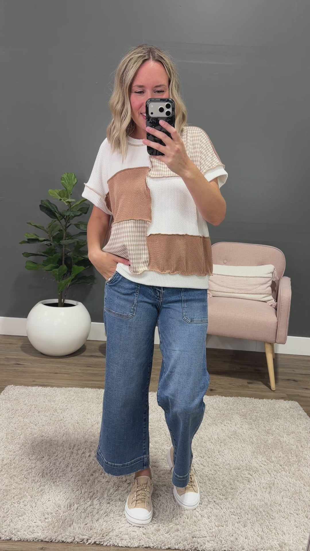 NEW! Harmony Gingham Color Block Corded Top - Taupe