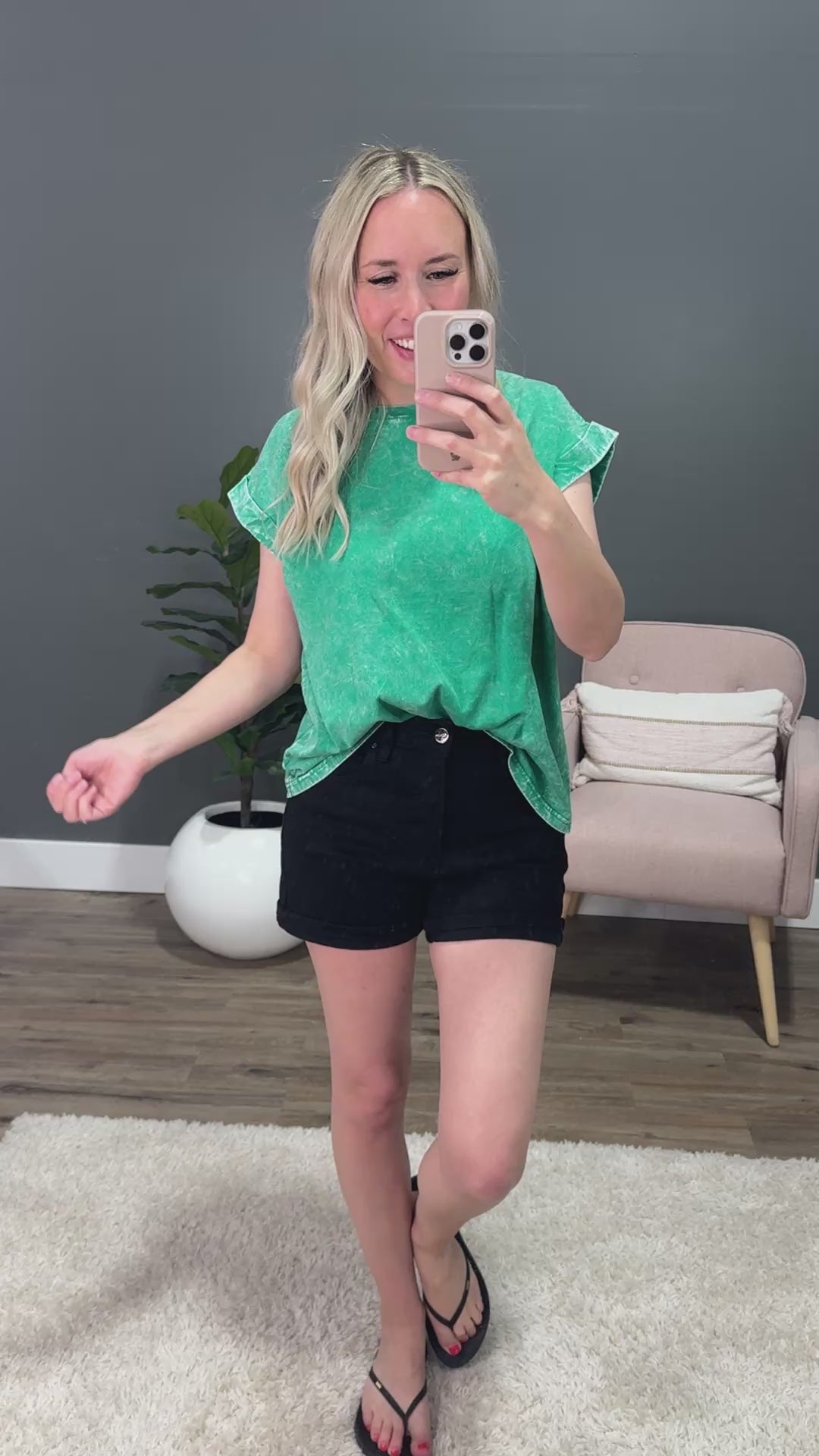 Mineral Wash Roll Sleeve Top - Kelly Green Zenana