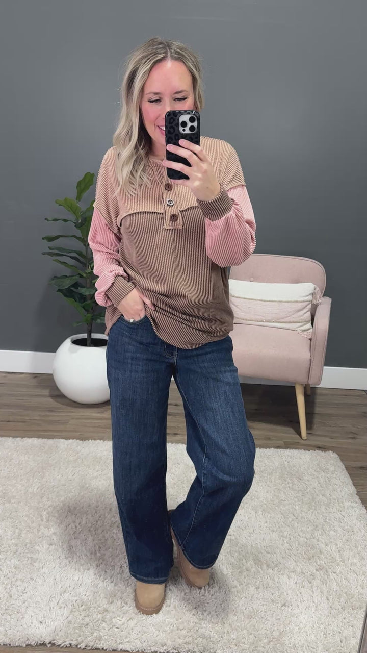 Andrea Corded Color Block Henley Top - Chestnut 7th Ray