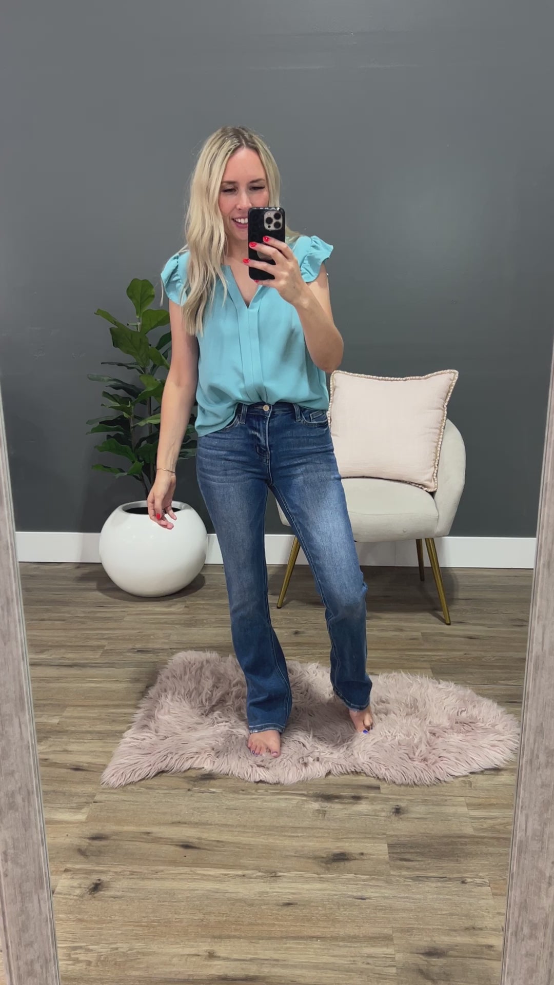 Leann Split Neck Flutter Sleeve Top - Mint Blue FINAL SALE